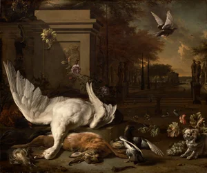 Stillleben mit Gans und Wild vor einem Landgut