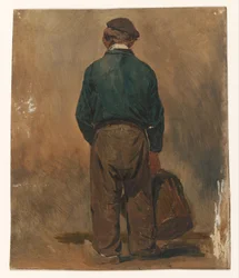 Fischer, mit einem Korb in der Hand, von hinten gesehen