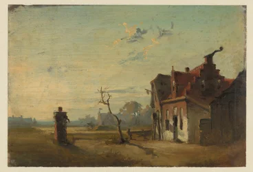 Landschaft mit Bauernhaus und Wasserpumpe