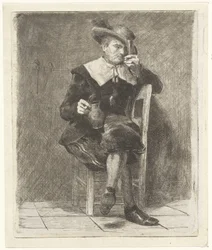 Mann mit Krug und Glas auf einem Stuhl