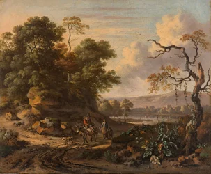 Landschaft mit einem Mann auf einem Esel reitend