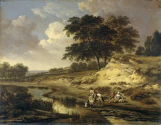 Landschaft mit einem Reiter, der sein Pferd tränkt