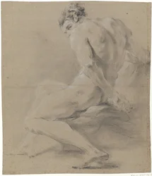 Sitzender männlicher Akt, den Kopf mit der rechten Hand stützend