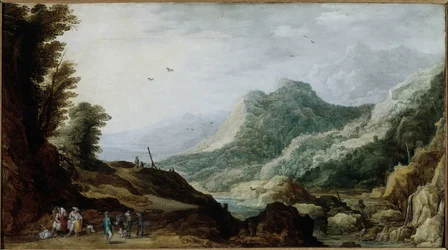 Berglandschaft mit einer Bauernfamilie am Straßenrand (Gemälde, ca. 1620-1630)