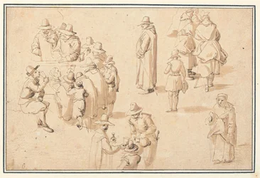 Ein Brunnen in Spa mit Studien eleganter Figuren, die das Wasser nehmen, und von zwei Mönchen und einem Priester