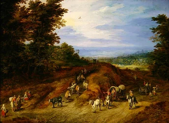 Landschaft mit Bauern, Karren und Tieren