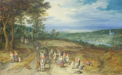 Landschaft mit Reisenden und Bauern auf einem Weg