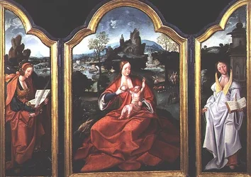 Die Rast auf der Flucht nach Ägypten mit der Heiligen Katharina von Alexandria und der Heiligen Barbara
