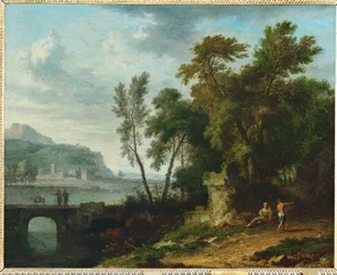 Belebte Landschaft mit Ruine und Brücke