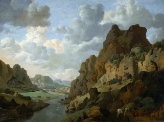Berglandschaft mit rastenden Reisenden