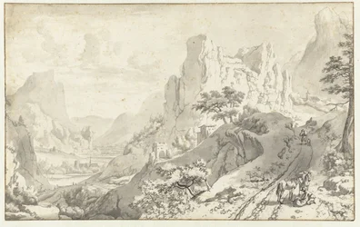 Berglandschaft mit Reisenden auf einer Straße