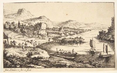 Flusslandschaft mit Reisenden, rechts ein Lastkahn und zwei Segelboote