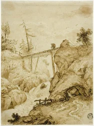 Mann überquert Baumstammbrücke über Wildbach