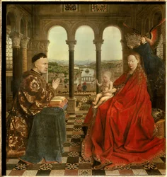 Die Madonna des Kanzlers Rolin. Nicolas Rolin (1376-1461) war unter Philipp dem Guten Kanzler von Burgund und gründete 1443 das Hôtel-Dieu in Beaune. 15. Jahrhundert. Maße: 0,66 x 0,62 m. Paris