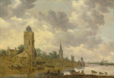 Landschaft mit Stadtmauer und Leuchtturm