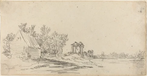 Flusslandschaft mit einer fernen Brücke