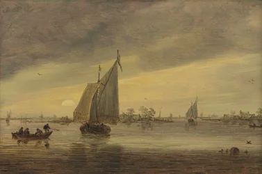 Sonnenaufgang über dem Haarlemmermeer mit einem Schmalboot und anderen Booten
