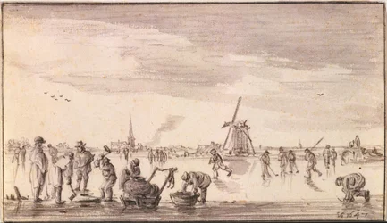 Winterlandschaft mit Schlittschuhläufern und Fischern