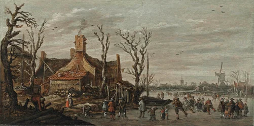 Winterlandschaft mit Figuren auf dem Eis bei einer Hütte