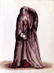 Eine venezianische Kurtisane im 18. Jahrhundert. Aquarellzeichnung und Tinte aus dem Manuskript „Sitten der Venezianer“ von Jan van Grevenbroeck (oder Giovanni Grevembroch (Grevenbroch) (1731-1807)