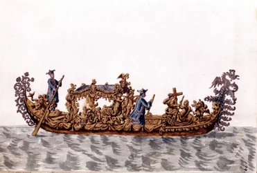 Eine königliche Gondel. Aquarellzeichnung und Tinte aus dem Manuskript „Sitten der Venezianer“ von Jan van Grevenbroeck (oder Giovanni Grevembroch) (1731-1807)