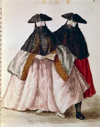 Karnevalsfiguren in Venedig, Illustration aus dem illustrierten Buch venezianischer Trachten von Jan Grevenbroeck (1731-1807), Italien