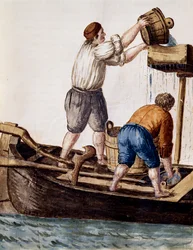 Durchsieben von Kanalwasser auf der Suche nach verlorenen Gegenständen, Illustration aus dem illustrierten Buch der venezianischen Kostüme, von Jan Grevenbroeck (1731-1807), Aquarell, Italien