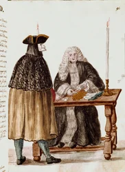 Das Spielzimmer: Eine Figur maskiert sich vor dem Dealer, der Karten zieht, Münzen werden auf dem Tisch gesammelt. Aquarellzeichnung und Tinte aus einem Manuskript von Jan van Grevenbroeck (oder Giovanni Grevembroch) (1731-1807)