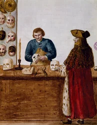 Der Maskenladen, Illustration aus dem illustrierten Buch der venezianischen Kostüme, Italien