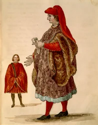 Venezianischer Senator in "Dogalina", formale Robe mit weiten Ärmeln, aus illustriertem Kostümbuch
