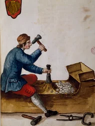 Arbeiter in der Münzstätte, Illustration aus dem illustrierten Buch der venezianischen Kostüme, von Jan Grevenbroeck, Aquarell, Italien