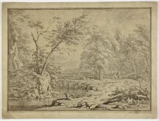 Landschaft mit Hirten am Fluss und Mann zu Pferd