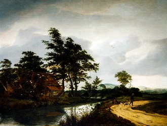 Eine Flusslandschaft mit einem Cottage, zwei Bauern und ihrem Hund