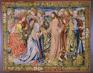 Flämische Tapisserie. Serie Himmel von Karl V. Christus verabschiedet sich von seiner Mutter. Zeichner Jan van Coninxloo. Herstellung von Julien Portois, Mechelen (Malines). Ca 1521.
