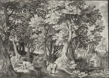 Landschaft mit dem ungehorsamen Propheten, der von einem Löwen verschlungen wird