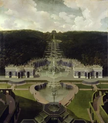 Blick von der Grotte mit Brunnen von den Kaskaden zum Oktogon, nach 1716