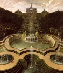 Blick auf das Oktogon über die Wasserfälle und die Neptunbecken, nach 1716