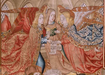 Flämischer Wandteppich. Serie Episoden aus dem Leben der Jungfrau; Darstellung im Tempel. Zweiter Wandteppich in der Serie. Modelle zugeschrieben Jan van Roome (oder van Brussel). Herstellung Pieter van Aelst, Brüssel. Ca. 1502-1504.