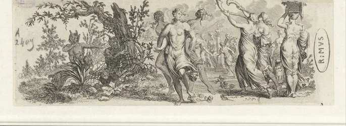 Tanzende Nymphen von Satyrn beobachtet