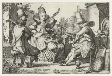 Elegante Gesellschaft, musizierend in einem Garten