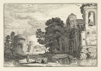 Figuren bei einem Schloss an einem Fluss