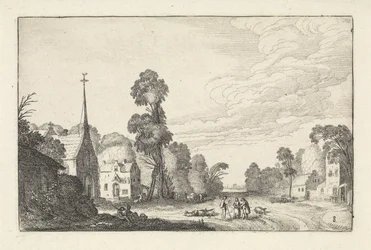 Figuren und Vieh in einem Dorf mit einer Kirche