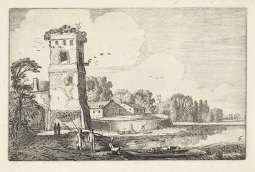 Fähre mit Schafen bei einem Turm in einer Flusslandschaft