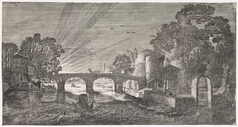 Flusslandschaft bei Sonnenuntergang (Playsante lantschappen ende vermakelycke gesichten)