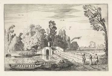 Flusslandschaft mit einer Steinbrücke