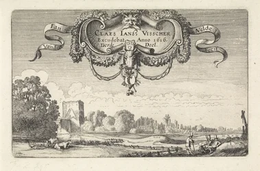 Ruhende Figuren in einer Landschaft mit Kühen und einem Turm
