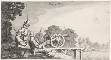 Soldaten bei einer Kanone auf einem Steg an einem Fluss