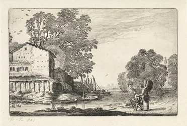 Tobias und der Engel in einer Landschaft mit einer Ruine