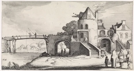 Zollhaus mit Holzbrücke über den Fluss