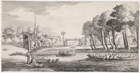 Zwei Ruderboote auf einem Fluss bei einem Dorf